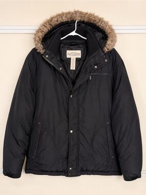 New York Classics Black Hooded Puffer Coat Faux Fur Trim XXL